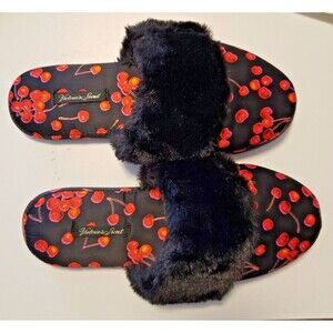Victoria Secret Slippers Women's Small Cherries Red Black Fur Trim w/ Satin bag